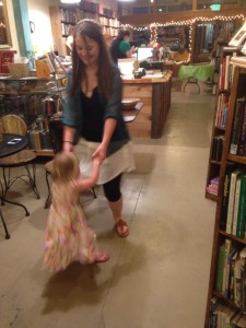 Sarah was inspired to dance a little jig with cousin Katie.  