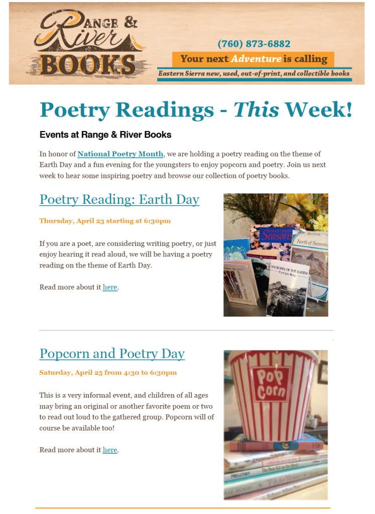 April e-newsletter: Poetry Readings and bookstore news worth reading